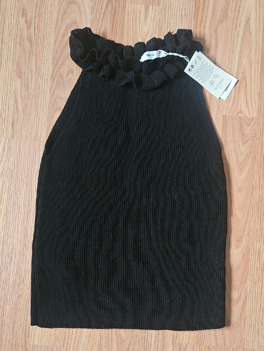 Mango Black Ruffled Mock Neck Sleeveless Knit Top